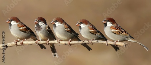 Sunny weather and lots of funny birds perched on a branch