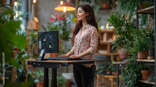 Electric adjustable standing desk in small office workspace for PC desktop computer worker Asia people young woman relax remote work at home proper height up workstation physical workf : Generative AI photo