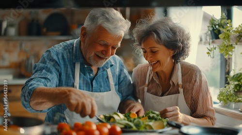 Senior couple cooking and having fun while preparing a healthy food with vegetables for a vegan meal in the kitchen at home while laughing and having fun Funny old man and woman helpin : Generative AI