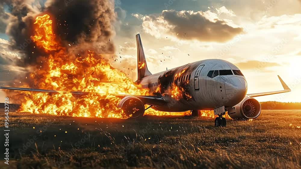 A passenger plane crashed and caught fire in a field, copy space. Concept of airplane crash, crash