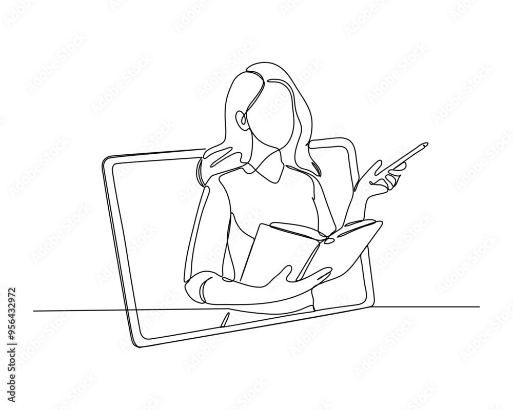 continuous line drawing of a person teaching or presenting, holding an open book, framed within a computer screen, online or virtual communication technology illustration continuous line drawing of a person teaching or presenting, holding an open book, framed within a computer screen, online or virtual communication technology illustration
