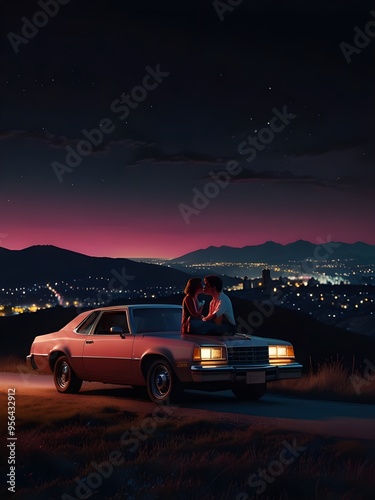 1980s scenery of a car parked on a hilltop overlooking a city at night, a man and a woman sitting on the hood of the car kissing, inside of the car is glowing red ambient light, the scene