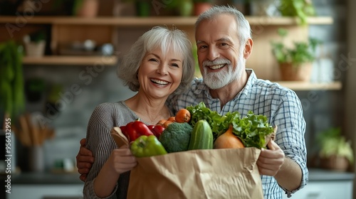 Organic Food Delivery Happy Senior Couple Unpacking Bag With Groceries In Kitchen Cheerful Elderly Spouses Holding Fresh Vegetables And Smiling Mature Husband And Wife Enjoying Healthy : Generative AI