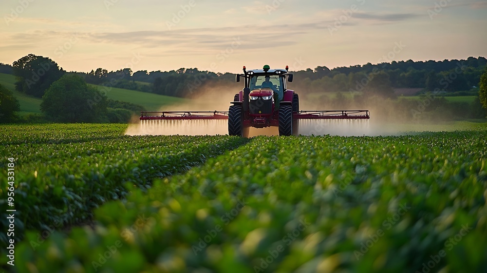 Fototapeta premium Tractor drives through a green field and sprays crops with pesticides in a farmer s field : Generative AI