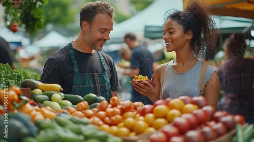 Vendor offering samples to customers while selling homegrown fruits and vegetables at local farmers market Young multiracial family couple tasting natural organic produce while visitin : Generative AI photo