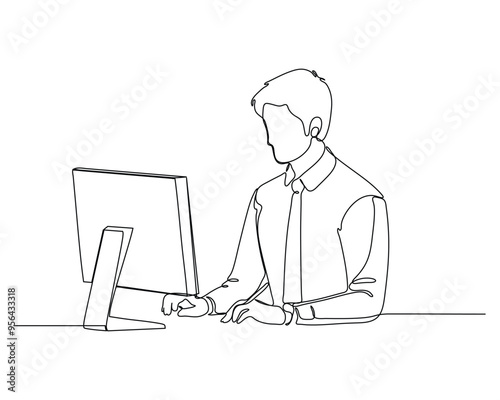 A continuous line drawing of a person sitting at a desk, using a computer. The individual is shown in profile view, facing the screen with hands on the keyboard. Minimalistic style