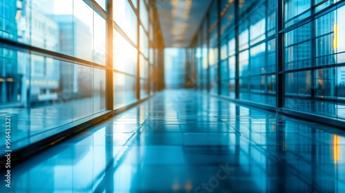 Blurred glass wall of modern business office building at the business center use for background in business concept. Blur corporate business office. Abstract windows with a blue tint.