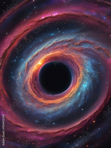 a breathtaking, high-quality, realistic pixel art photograph of a distant, swirling galaxy with a mesmerizing black hole at its center, set against a vibrant, star-studded background featuring radiant