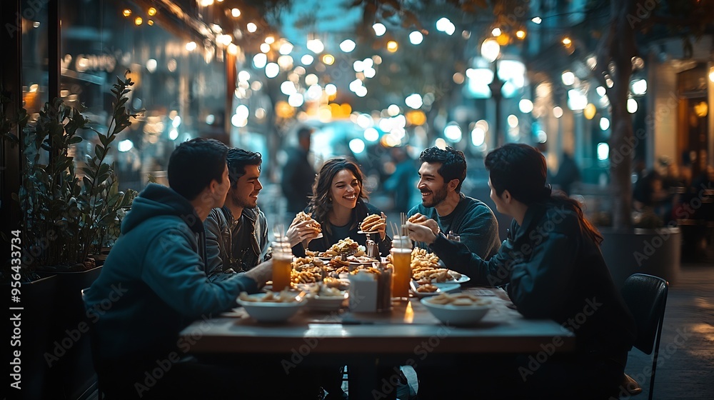 group of friends dining tacos at night in a street business : Generative AI group of friends dining tacos at night in a street business : Generative AI