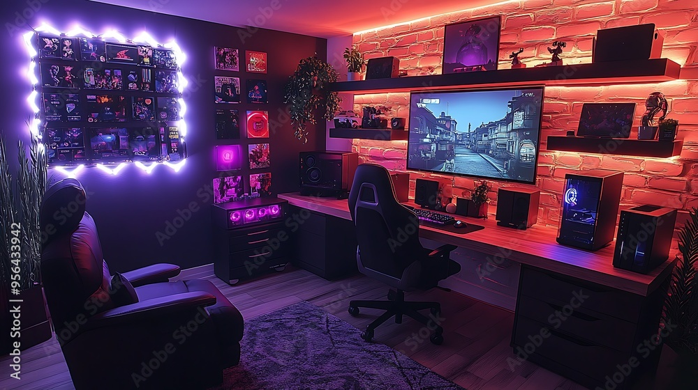 A classic gamer’s den, with walls adorned with retro gaming posters, shelves filled with vintage consoles, and a comfortable leather armchair, featuring a wooden gaming desk and warm, A classic gamer’s den, with walls adorned with retro gaming posters, shelves filled with vintage consoles, and a comfortable leather armchair, featuring a wooden gaming desk and warm,