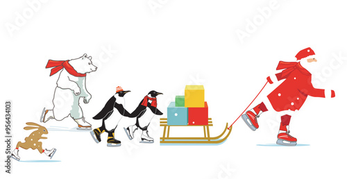der Weihnachtsmann mit Schlitten beim Schlittschuh laufen, Illustration..eps
