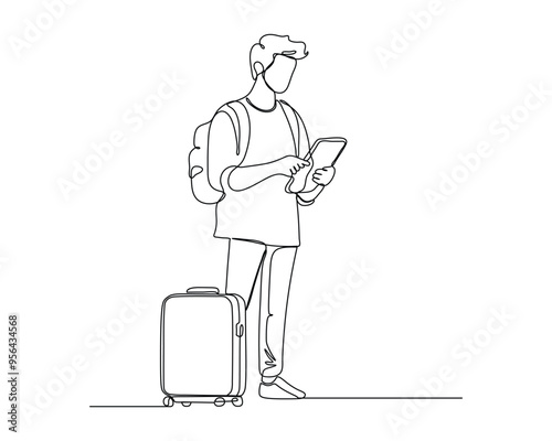 Continuous line drawing of a person standing with a backpack on one shoulder, holding a tablet or electronic device, and a piece of wheeled luggage beside them. technology and modernity of travel