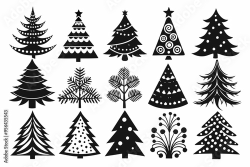 Christmas trees silhouettes set isolated on white background, collection of christmas new year trees vector icon illustration