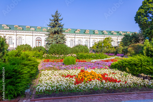 Canvas Print A beautifully landscaped flower garden in front of the Moscow Manege, an exhibition hall located near the Kremlin in Moscow