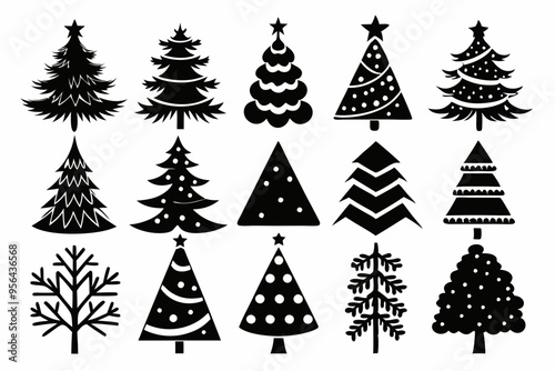 Christmas trees silhouettes set isolated on white background, collection of christmas new year trees vector icon illustration