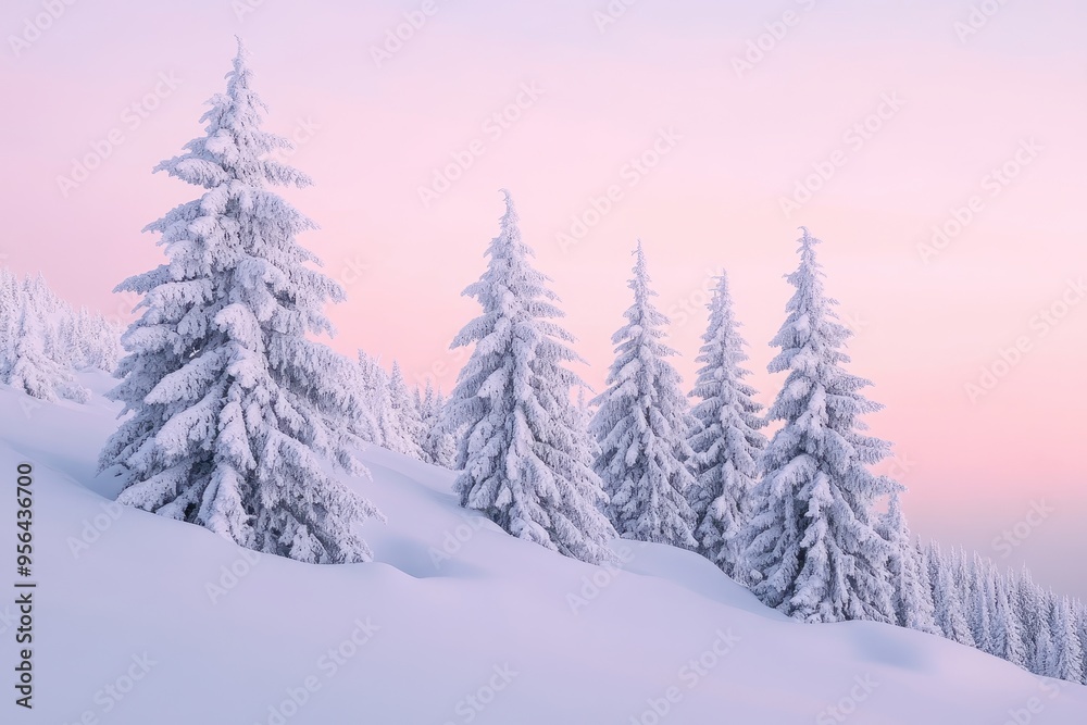 A serene winter landscape featuring snow-covered trees against a pastel sky. A serene winter landscape featuring snow-covered trees against a pastel sky.