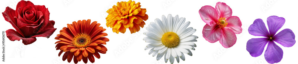 A Tapestry of Blooms: Six vibrant flowers pop against a pristine white backdrop, a celebration of color and natural beauty. A Tapestry of Blooms: Six vibrant flowers pop against a pristine white backdrop, a celebration of color and natural beauty.