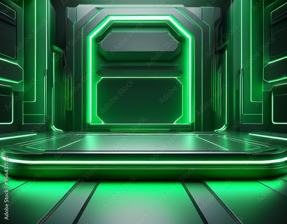 Fototapeta premium Technological Studio Background with Neon Panels in green Colors. Futuristic Podium for Product Presentation 