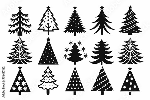 Christmas trees silhouettes set isolated on white background, collection of christmas new year trees vector icon illustration