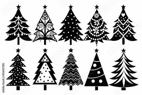 Christmas trees silhouettes set isolated on white background, collection of christmas new year trees vector icon illustration