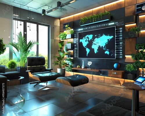 Illustration of A sleek, modern office space where executives discuss carbon credit investments, with a digital screen showcasing fluctuating values, blending environmental responsibility with economi photo