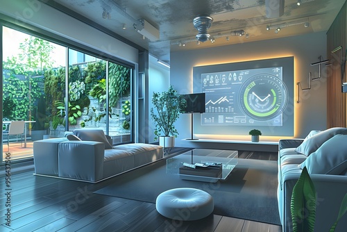 Illustration of A sleek, modern office space where executives discuss carbon credit investments, with a digital screen showcasing fluctuating values, blending environmental responsibility with economi photo