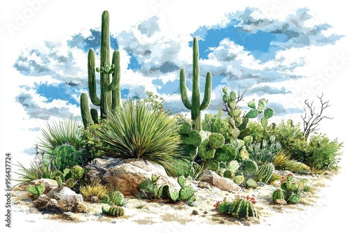 Wallpaper Mural Watercolor Painting of Desert Landscape with Cactus and Sky Torontodigital.ca