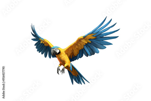 Blue and yellow macaw midflight with spread wings. Suitable for nature, wildlife, tropical bird, and freedom concept designs