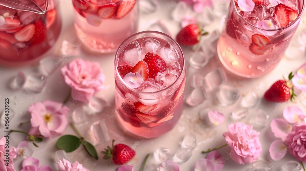 Strawberry rose lemonade surrounded by pink blooms closeup image. Ice cubes, fresh flowers beverages glass pitcher close up photography. Summer refreshment concept photo realistic Strawberry rose lemonade surrounded by pink blooms closeup image. Ice cubes, fresh flowers beverages glass pitcher close up photography. Summer refreshment concept photo realistic