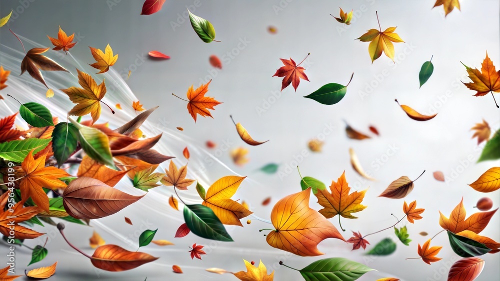 Colorful autumn leaves floating in the air on a light gray background with dynamic movement