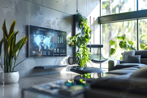 Illustration of A sleek, modern office space where executives discuss carbon credit investments, with a digital screen showcasing fluctuating values, blending environmental responsibility with economi photo