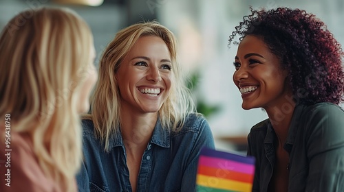 Cheerful diverse businesswomen working together on project in office pride flag : Generative AI