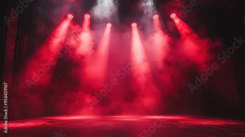 Dramatic Stage Lighting with Red Spotlights and Smoke Effects in a Dark Theater