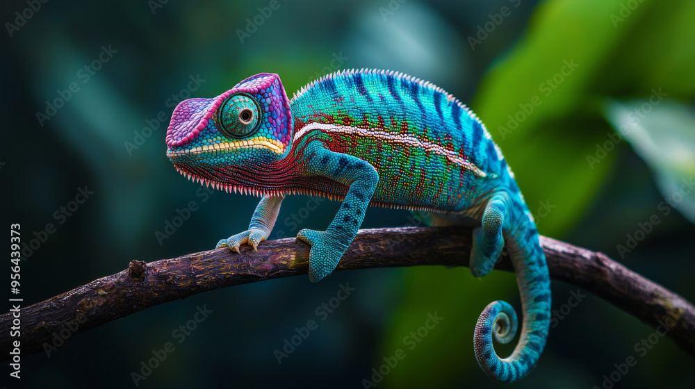 A colorful chameleon is perched on a branch A colorful chameleon is perched on a branch