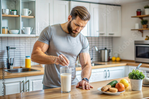 A neatly combed white man prepares protein shakes in the kitchen at home.