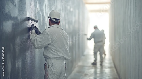 Back view of a team of professional painters in white clothes painting a grey wall in empty room with paint roller Building contractors doing repair renovation in client house Repair c : Generative AI