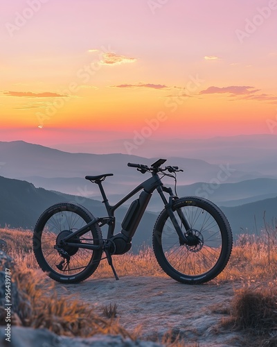 Mountain bike parked with sunset and mountains beyond