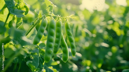 green pea pods on a pea plants in a garden Growing peas outdoors : Generative AI photo