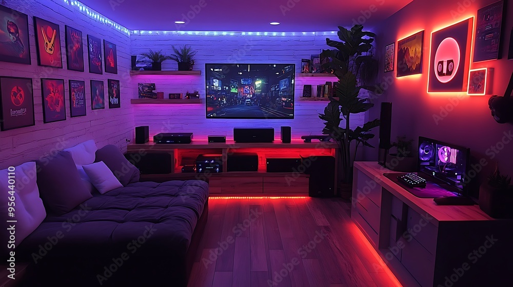 A cozy gaming room designed for retro gaming, with classic consoles neatly displayed on wooden shelves, a vintage TV, and walls covered in nostalgic gaming posters,