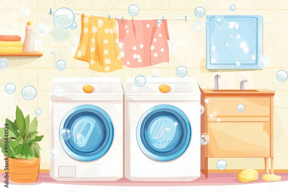 a laundry room, with a washing machine and hanging on a line. a laundry room, with a washing machine and hanging on a line.