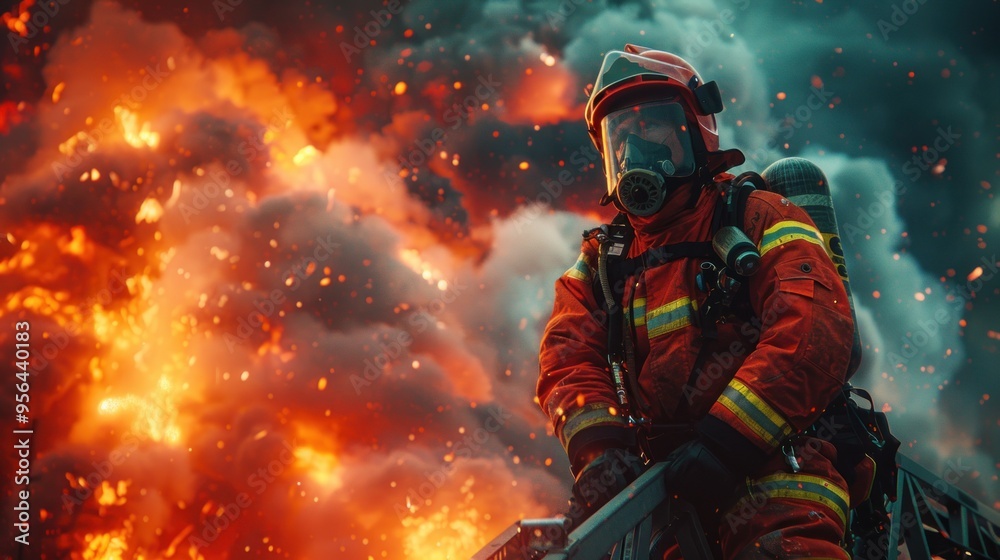 Brave firefighter battling intense inferno during nighttime emergency response in an urban setting. Generative AI