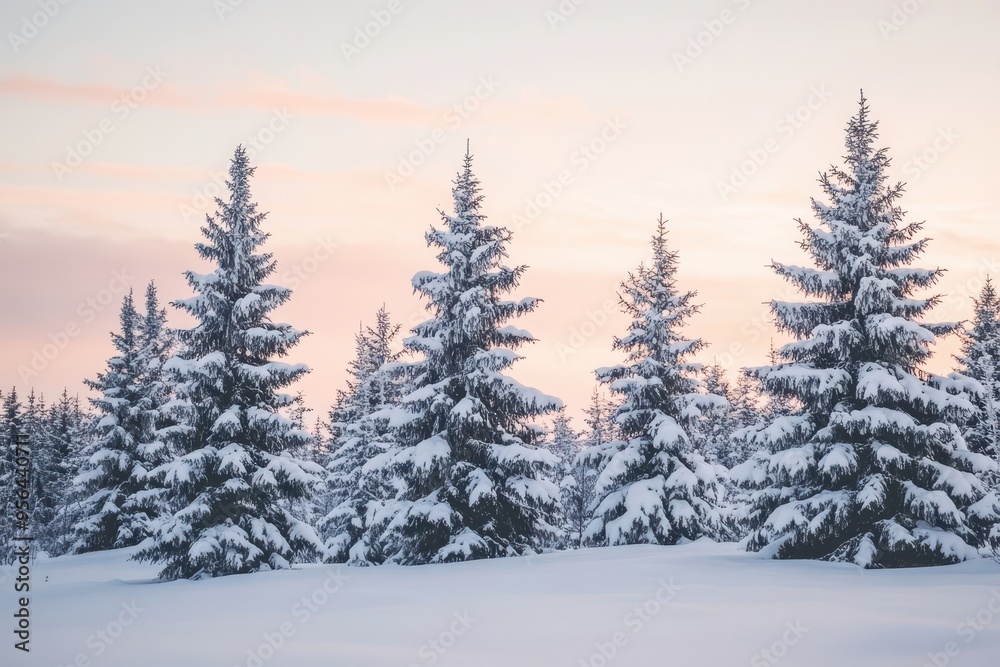 A serene winter landscape featuring snow-covered trees under a pastel sky. A serene winter landscape featuring snow-covered trees under a pastel sky.