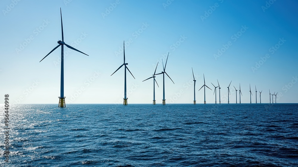 Offshore Wind Farm with Turbines Generating Renewable Energy in the Ocean on a Clear Day Offshore Wind Farm with Turbines Generating Renewable Energy in the Ocean on a Clear Day