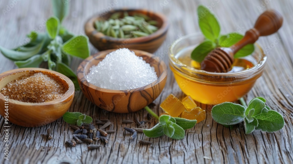 Natural sugar substitutes like stevia and monk fruit displayed attractively on a wooden surface Natural sugar substitutes like stevia and monk fruit displayed attractively on a wooden surface