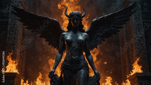 A statue of Erinyes standing before the gates of the underworld, holding flames, with a burning hellscape in the background. photo