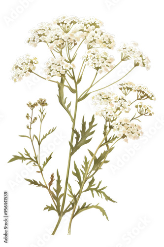 A vintage illustration of Yarrow flowers with lush green leaves, perfect for botanical themes and nature-inspired designs, PNG transparent background