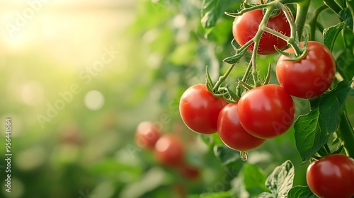 Ripe red tomatoes are on the green foliage background hanging on the vine of a tomato tree in the garden : Generative AI