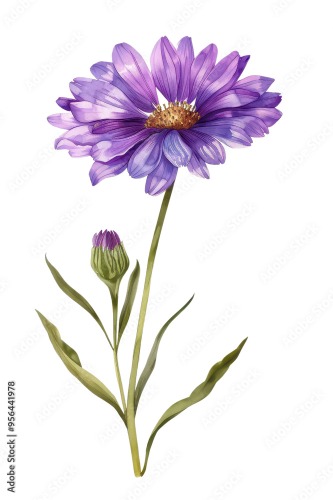 Fototapeta premium A beautiful Calendula flower with green leaves, perfect for decorative, watercolor art, nature-themed designs, PNG transparent background
