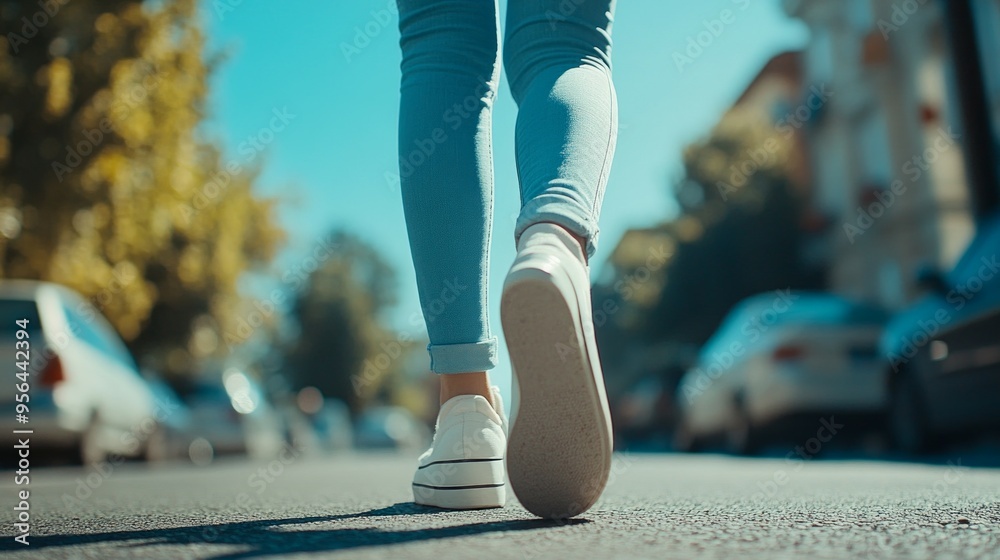 woman walking on pavement, closeup on her legs, bright day woman walking on pavement, closeup on her legs, bright day
