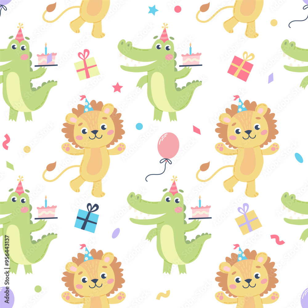 Children birthday pattern. Cute crocodile and lion with party hat. Vector illustration template Children birthday pattern. Cute crocodile and lion with party hat. Vector illustration template